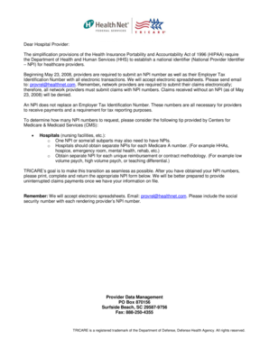 TRICARE National Provider Identifier Form for Hospitals