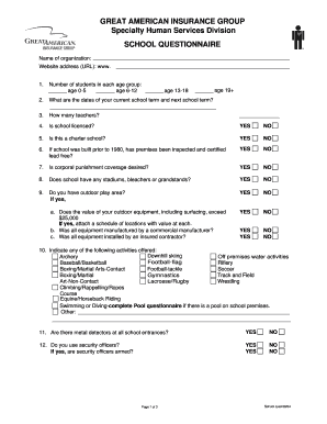 School Questionnaire for Insurance