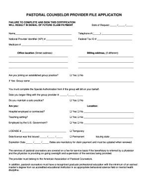 Pastoral Counselor Provider File Application