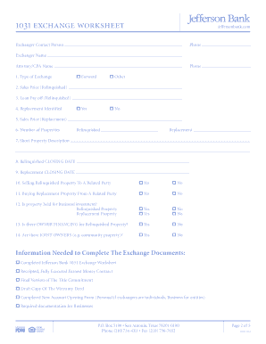 Jefferson Bank 1031 Exchange Worksheet