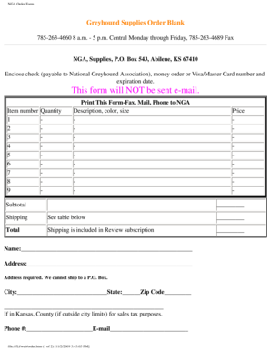 NGA Greyhound Supplies Order Form
