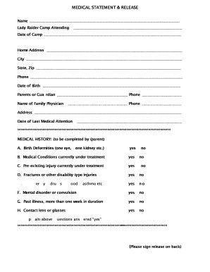 Medical Statement & Release for Camp