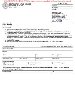 North Dakota Contractor Name Change Form