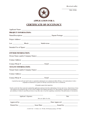 Application for Certificate of Occupancy