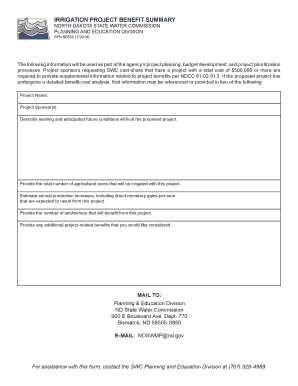 IRRIGATION PROJECT BENEFIT SUMMARY NORTH DAKOTA STATE WATER