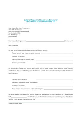 Letter of Request to Clearstream Banking for Quick Refund of Dutch Withholding Tax
