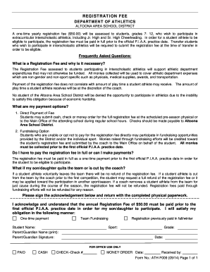 Altoona Area School District Athletic Registration Fee Form