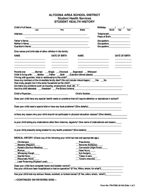 Altoona Area School District Student Health History Form