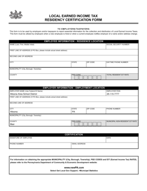 Local Earned Income Tax Residency Certification Form