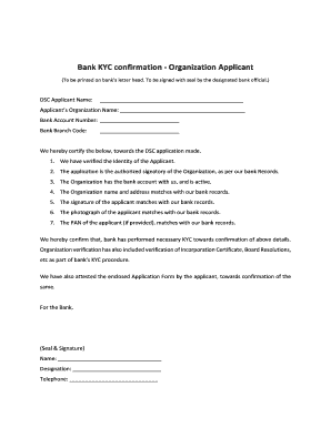 Bank KYC Confirmation for Organization Applicant