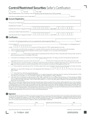 Control/Restricted Securities Seller’s Certification