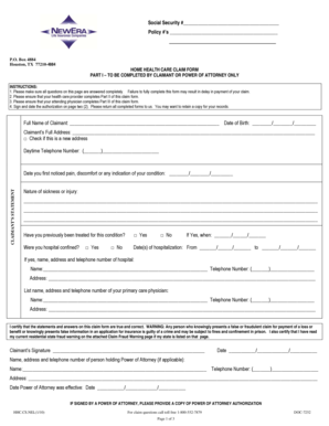 Home Health Care Claim Form