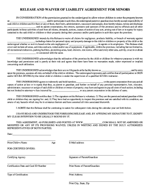 Release and Waiver of Liability Agreement for Minors