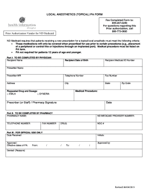 ND Medicaid Prior Authorization Form for Topical Local Anesthetics