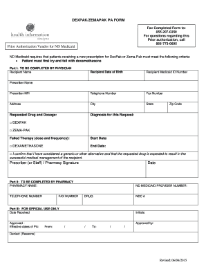 ND Medicaid DexPak Zema-Pak Prior Authorization Form