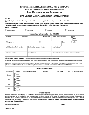 University of Tennessee Student Injury and Sickness Insurance Enrollment Form