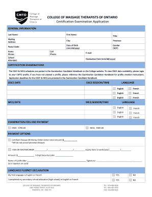 College of Massage Therapists of Ontario Certification Examination Application