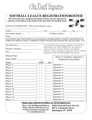 Softball League Registration Form