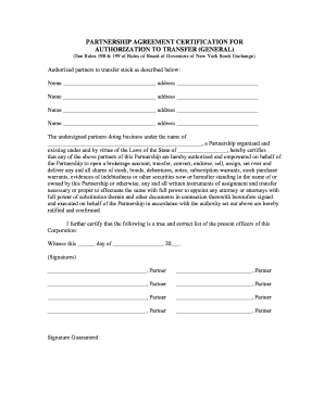 Partnership Agreement Certification for Authorization to Transfer