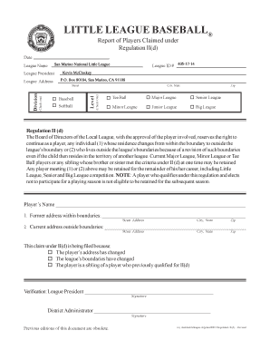 Little League Regulation IId Player Claim Form