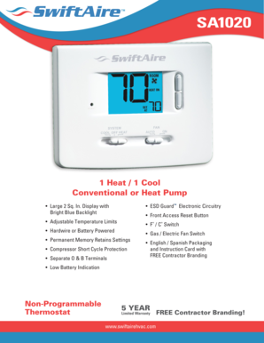 SwiftAire SA1020 Thermostat Specifications