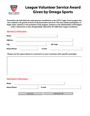 USTA League Volunteer Service Award Nomination Form