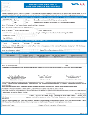 Tata AIA Life Insurance Standing Instruction Form