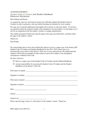 Student Code of Conduct Acknowledgment Form
