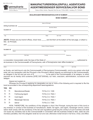 Pennsylvania Manufacturer Dealer Bond Form MV-375