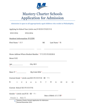 Mastery Charter Schools Application for Admission