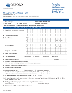 New Jersey Small Group Health Insurance Application
