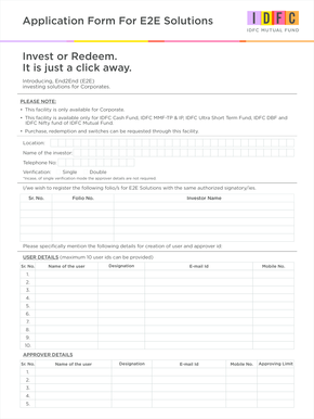 IDFC Mutual Fund E2E Solutions Application Form
