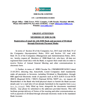 IDBI Bank Email and Dividend Registration Form