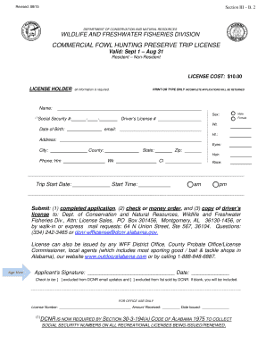 Alabama Commercial Fowl Hunting Preserve Trip License