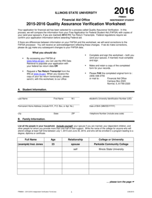 Illinois State University 2015-2016 Independent Verification Form
