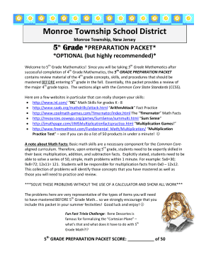 5th Grade Math Preparation Packet