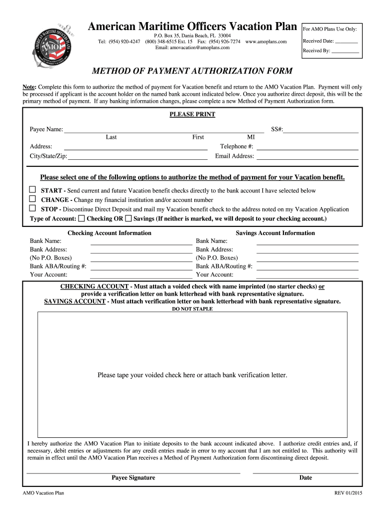 Fillable Online Vacation Plan Method Of Payment Authorization Form