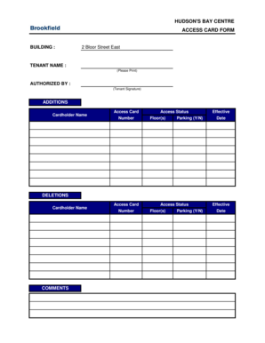 Hudson's Bay Centre Access Card Form