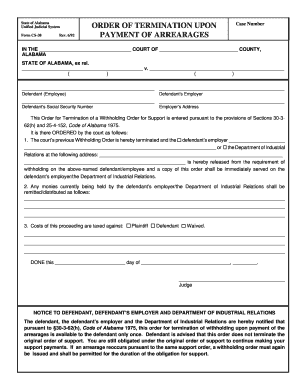 Alabama Order of Termination Upon Payment of Arrearages