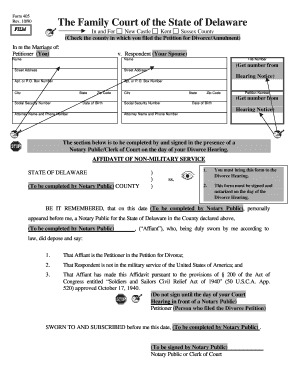 Delaware Divorce Hearing Affidavit