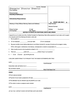 Motion to Waive or Postpone Costs and Order