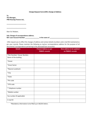 Change Request Form CRF Change of Address To The Manager