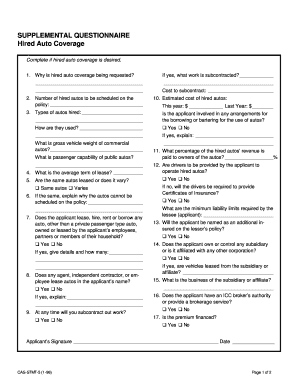 Supplemental Questionnaire for Hired and Non-Owned Auto Coverage