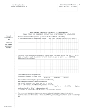 Ontario Supplementary Letters Patent Application