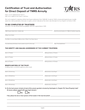 Certification of Trust and Authorization for Direct Deposit of TMRS Annuity