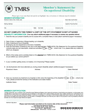TMRS Member’s Statement for Occupational Disability