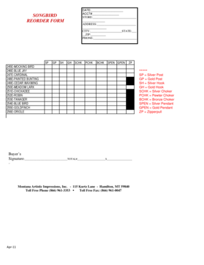 Songbird Store Reorder Form