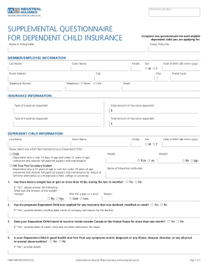 Supplemental Questionnaire for Dependent Child Insurance