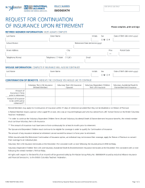 Request for Continuation of Insurance Upon Retirement