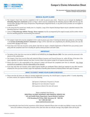 Camper's Medical and Dental Injury Claim Form